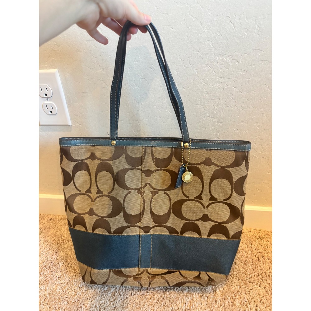 Coach Signature Tote Bag Brown Blue Stripe Jacquard Canvas Shoulder Bag 10125